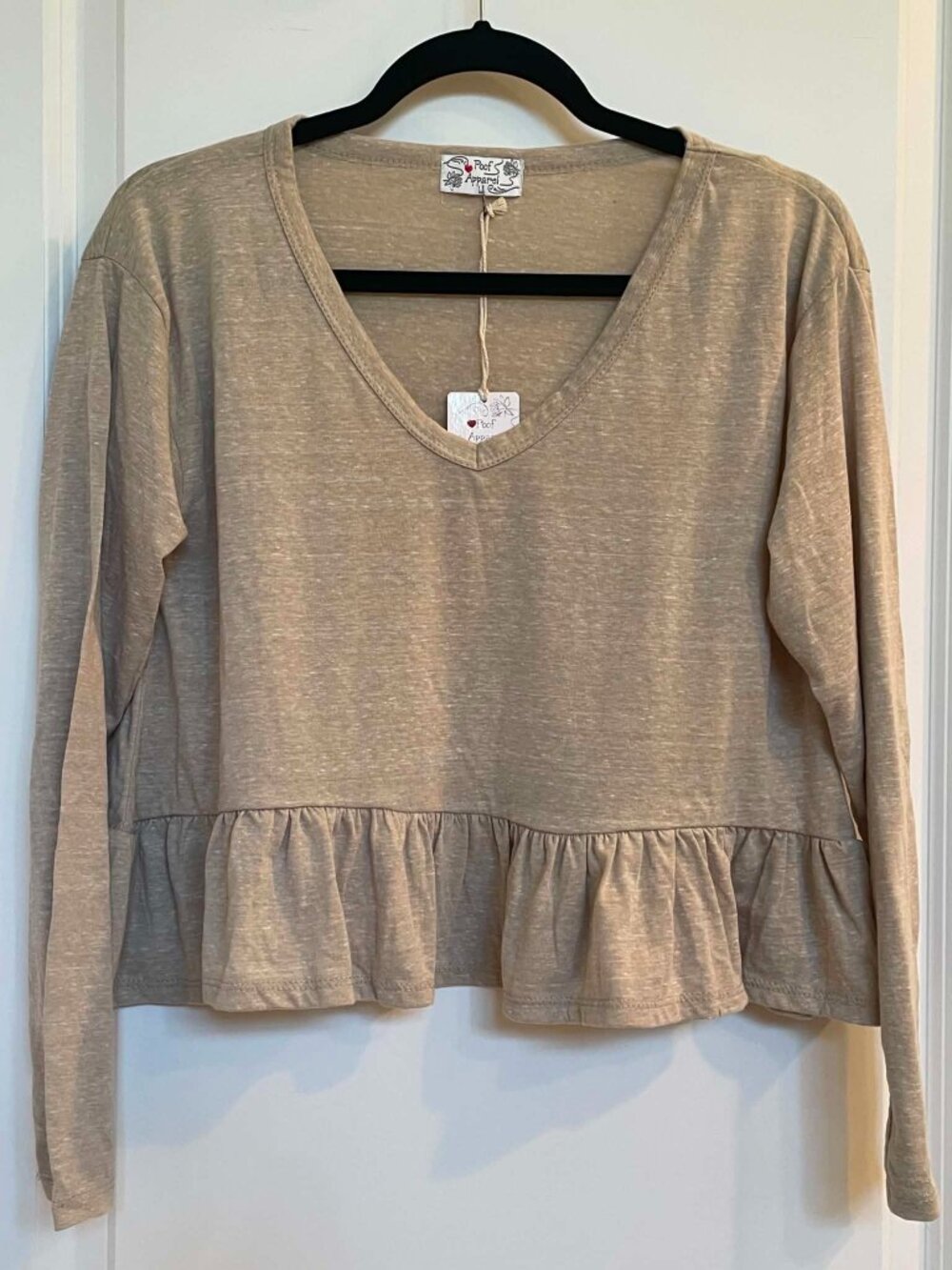 POOF APPAREL Women’s NEW Beige Long Sleeve Ruffle Blouse, Size L